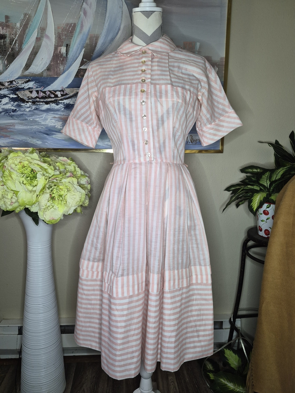 Vintage L'aiglon Classic Pink and White Striped Fit-and-Flare Dress